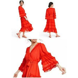 COPY - ALEXIS for Target Size M Angel Sleeve Tiered Ruffle Dark Orange Lined Dr…